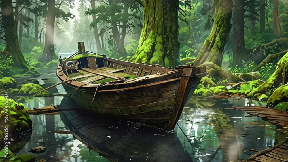 Abandoned wooden boat in a small river in the middle of the forest. seamless looping 4k video animation background