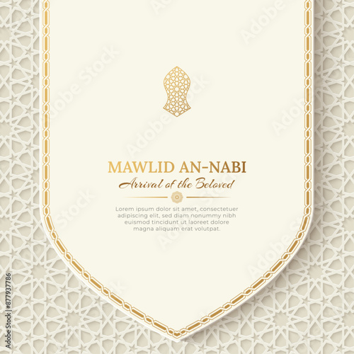 Mawlid an Nabi elegant social media post template with Islamic pattern arch frame