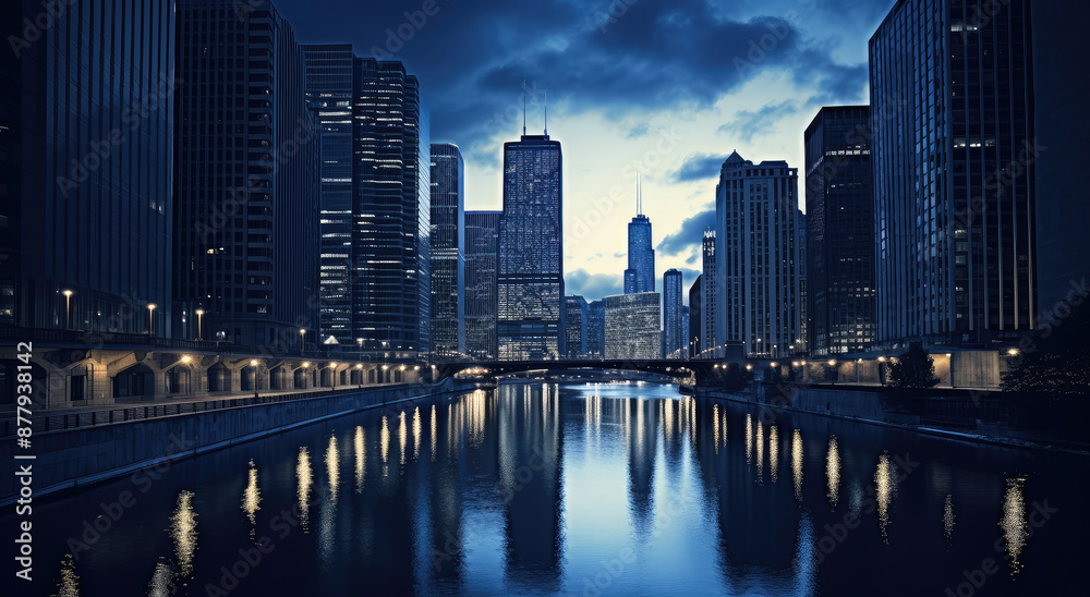 Naklejka premium Twilight Cityscape with Reflective River
