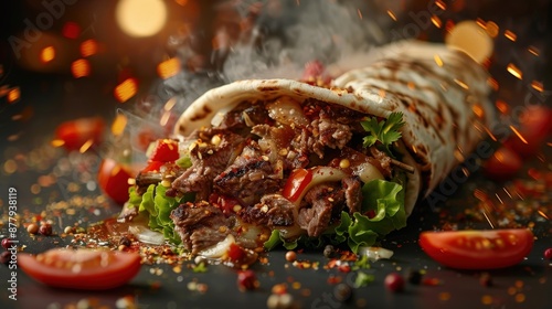 Close-up of a mouth-watering grilled beef shawarma wrap with fresh vegetables, herbs, and spices, perfect for food and culinary themes.
