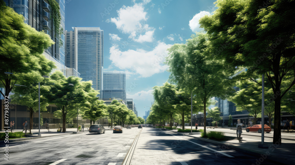 Sunlit Urban Street with Modern Buildings Sunlit Urban Street with Modern Buildings