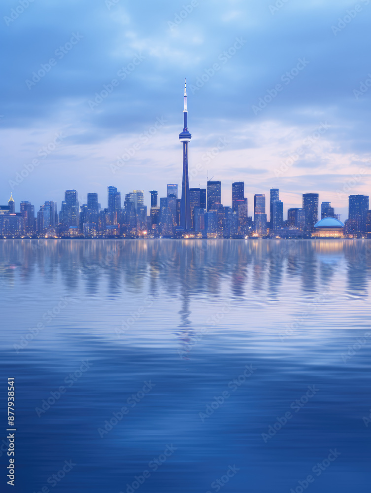 Obraz premium Serene Urban Skyline Reflection at Dusk