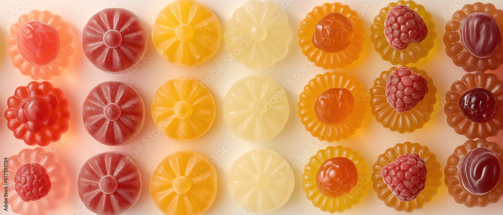 a variety of small, brightly colored candies in flavors like strawberry, lemon, orange, and raspberry. Arrange them elegantly on a clean, neutral background a variety of small, brightly colored candies in flavors like strawberry, lemon, orange, and raspberry. Arrange them elegantly on a clean, neutral background