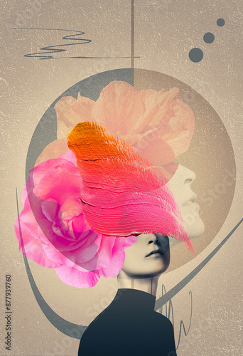 Fotografía Abstract contemporary art collage portrait of young woman with flowers on face h