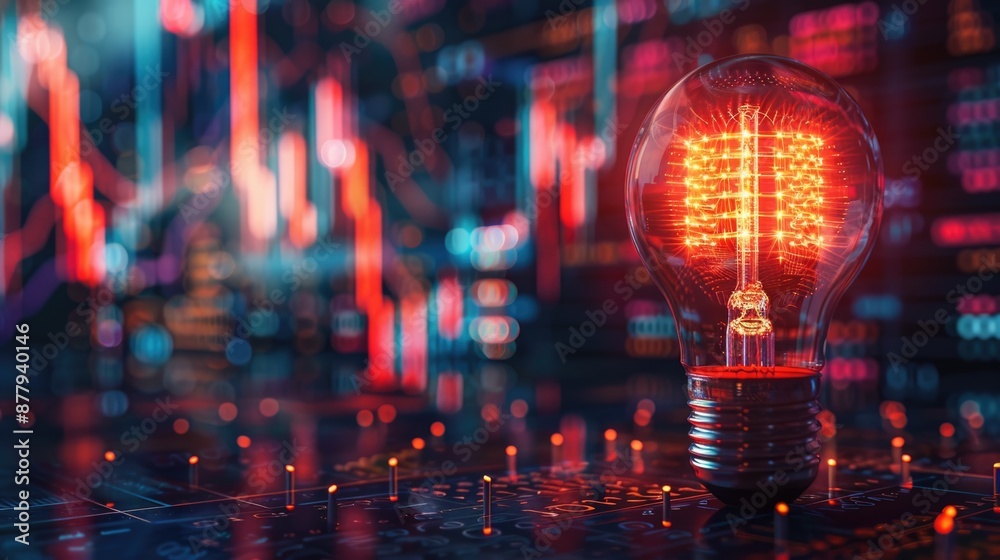 Obraz premium Strategy business marketing and financial creative ideas for competition and business growth. glowing light bulb with futuristic graphic icon. 