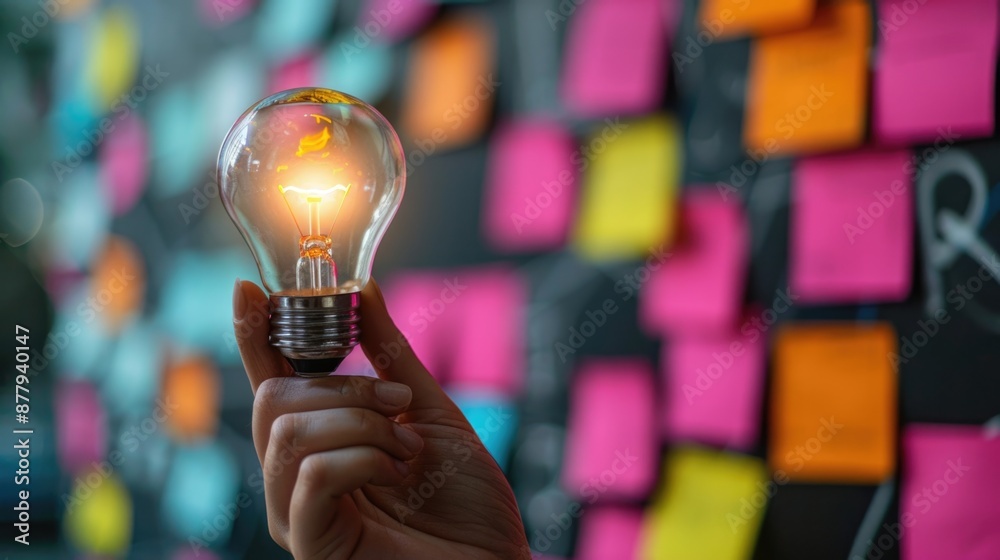 creative business ideas concept of glowing light bulb in hand with sticky note on brainstorming board background.