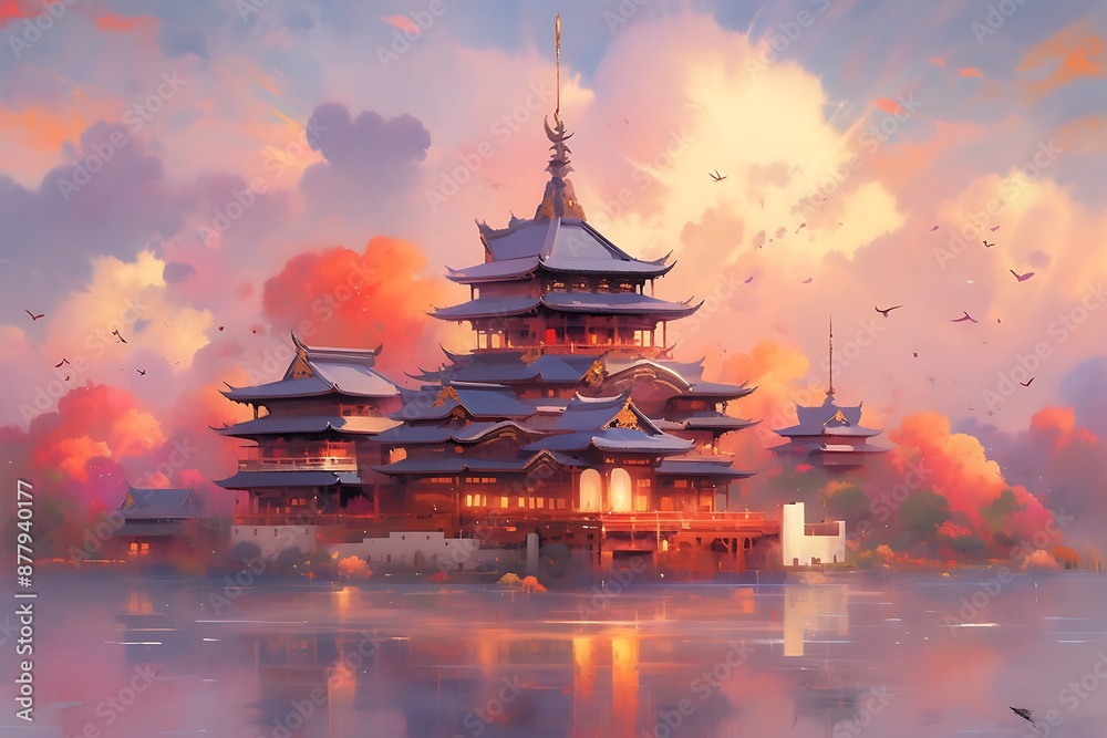 Obraz premium Serene Sunset Over a Pagoda-Filled Landscape