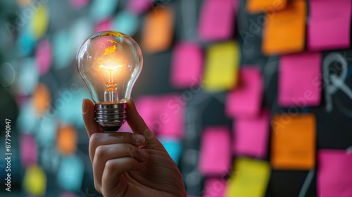 Obraz na płótnie creative business ideas concept of glowing light bulb in hand with sticky note on brainstorming board background. w salonie