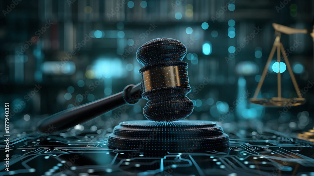 a concept image representing AI Law and AI ethics. Place a judicial gavel prominently in the foreground, symbolizing legal authority and justice a concept image representing AI Law and AI ethics. Place a judicial gavel prominently in the foreground, symbolizing legal authority and justice