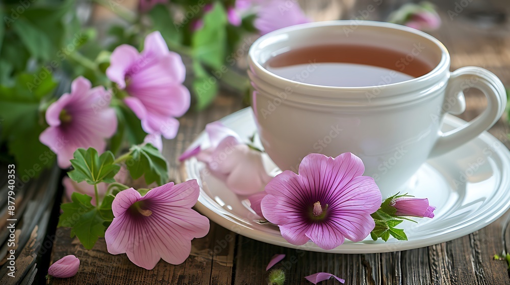 A cup of mallow tea with fresh blooming malva sylvestris plant A cup of mallow tea with fresh blooming malva sylvestris plant