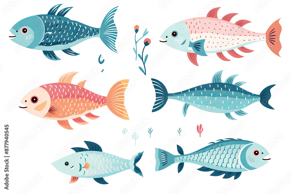 Set of cute fish stickers in PNG clipart style on isolated transparent background for fun and creative design projects Set of cute fish stickers in PNG clipart style on isolated transparent background for fun and creative design projects