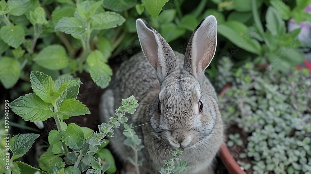 A gray rabbit sits in the herb bed and eat A gray rabbit sits in the herb bed and eat