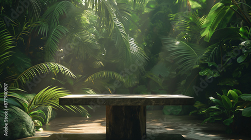 Interior table set against the lush backdrop of tropical plants, palms, and jungle foliage.  photo