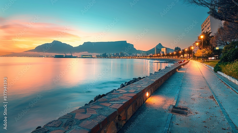 Fototapeta premium Scenic Coastal Pathway at Dusk with Table Mountain in Background