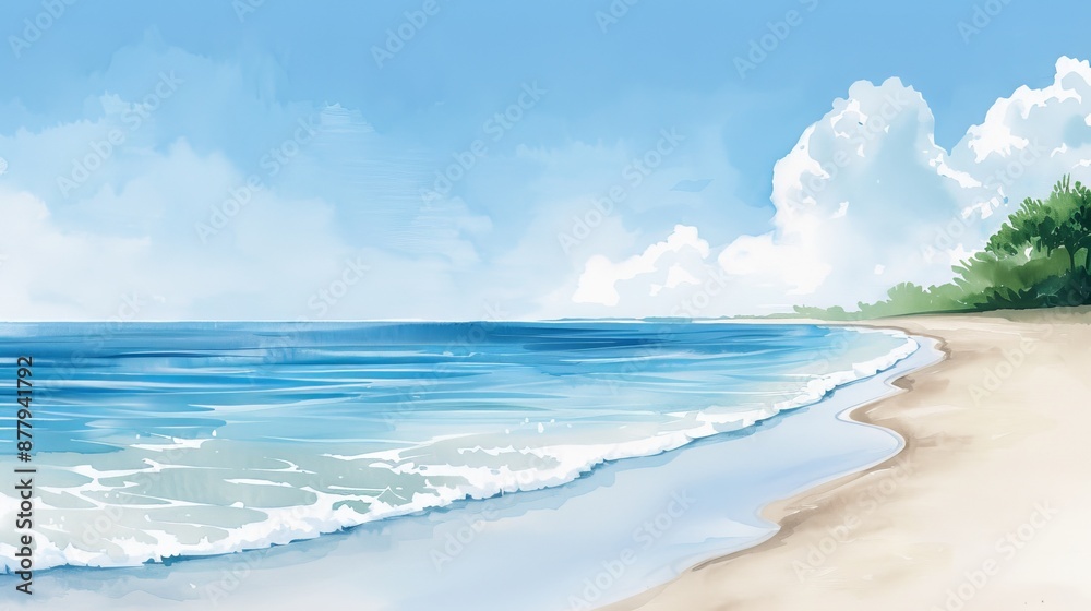 Watercolor art depicting a serene beach during summer, showcasing the natural beauty of the coastline under a sunny, bright sky Watercolor art depicting a serene beach during summer, showcasing the natural beauty of the coastline under a sunny, bright sky