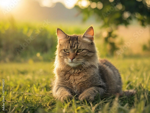 A cat with a white whiskers sits in the grass