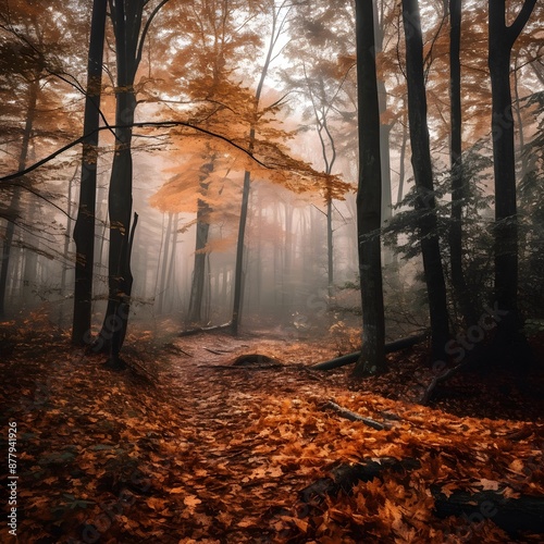 Autumn forest with fog and fallen leaves. Beautiful autumn landscape.
