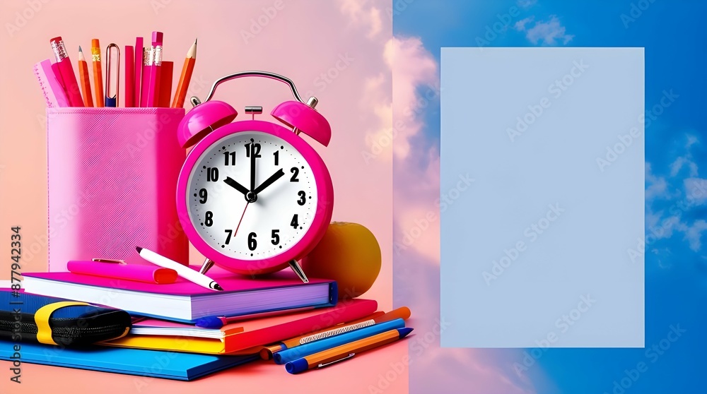 Back to school. Frame of different school stationery with pink color on light color and School and office supplies blue background, flat lay, Space for text Back to school. Frame of different school stationery with pink color on light color and School and office supplies blue background, flat lay, Space for text