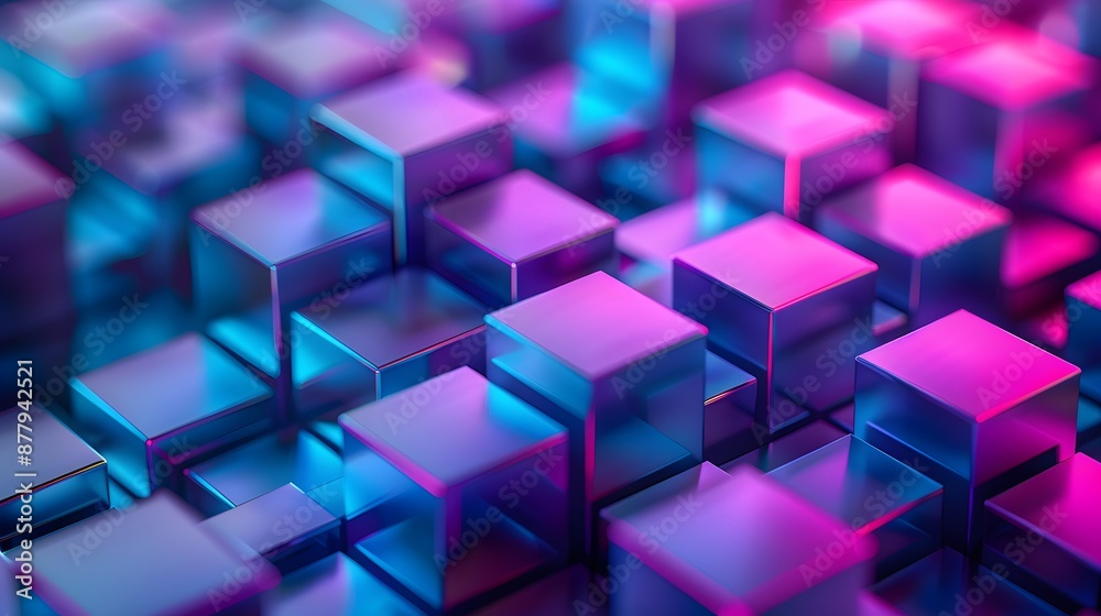 Abstract 3D cubes with glowing pink and blue lights, creating a futuristic and vibrant digital artwork. Ideal for tech and design concepts. Abstract 3D cubes with glowing pink and blue lights, creating a futuristic and vibrant digital artwork. Ideal for tech and design concepts.