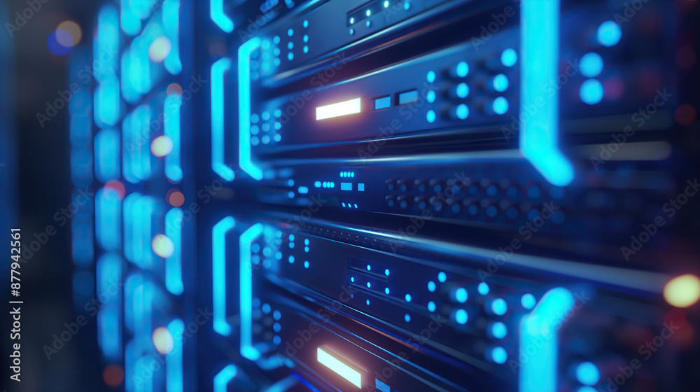 Fototapeta premium close up of blue bokeh light data center storage room full of supercomputers, server racks and cloud computing technologies