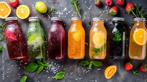 Assorted organic craft sodas with cane sugar on grey table
