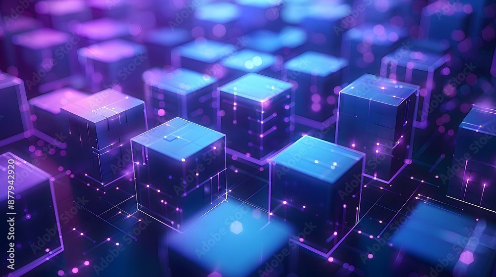 Abstract digital cubes with glowing neon lights. Futuristic blockchain technology and data concept. 3D rendering illustration. Abstract digital cubes with glowing neon lights. Futuristic blockchain technology and data concept. 3D rendering illustration.