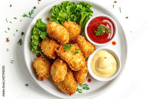 Delicious and crispy chicken nuggets with lettuce ketchup and mayonnaise photo