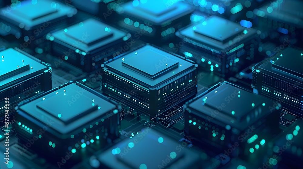 Close-up of multiple microchips on a circuit board glowing with blue light, showcasing advanced technology components and microelectronics. Close-up of multiple microchips on a circuit board glowing with blue light, showcasing advanced technology components and microelectronics.