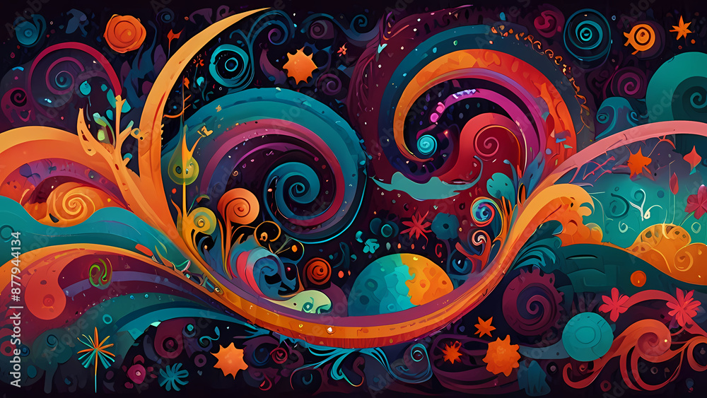 Fototapeta premium Illustration of a psychedelic-themed abstract background with vivid, dreamlike imagery, including spirals, waves, and cosmic elements, all in a harmonious yet chaotic composition