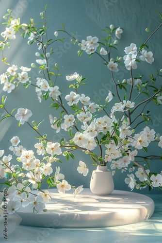 A serene arrangement of white blossoms in a minimalist vase, bathed in soft sunlight and casting gentle shadows on a light blue background.