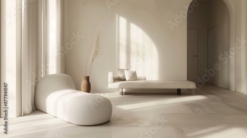 A minimalist design with subtle hues plays with light and shadow, creating a harmonious, inviting space.