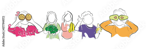 Hand drawn line art vectors of kids holding fruits. Dietitian or Nutritionist poster elements. Organic eating learning at school concept.