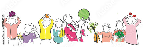 Hand drawn line art vectors of kids holding fruits. Dietitian or Nutritionist poster elements. Organic eating learning at school concept.