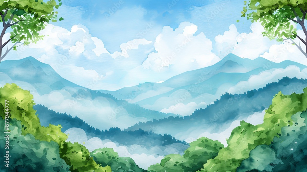 Naklejka premium Watercolor panorama of a scenic mountain view, lush green forests stretching to the horizon, and a clear blue sky dotted with fluffy clouds, evoking a sense of adventure