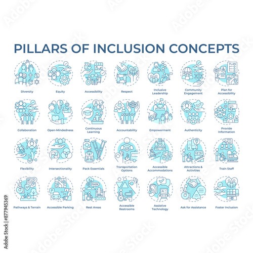 Pillars of inclusion soft blue concept icons. Equal opportunities. Inclusive culture. Accessibility and assistance. Icon pack. Vector images. Round shape illustrations. Abstract idea