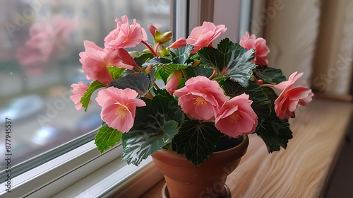 Blooming pink begonia tuberhybrida in a pot on the windowsill photo