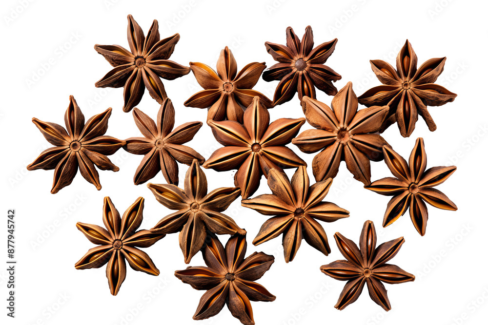 Pile of star anise in PNG style with transparent background, top view, aromatic spices for cooking and baking, isolated star anise cluster Pile of star anise in PNG style with transparent background, top view, aromatic spices for cooking and baking, isolated star anise cluster