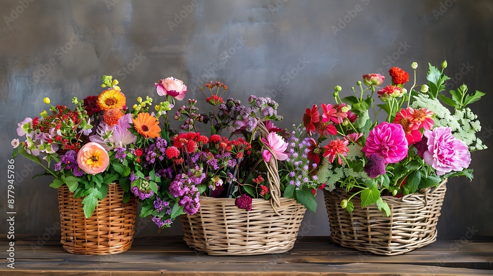 Bouquets of flowers in baskets on a wooden table