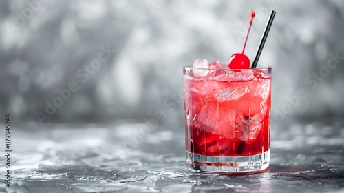 Boozy refreshing dirty shirley cocktail with grenadine on grey
