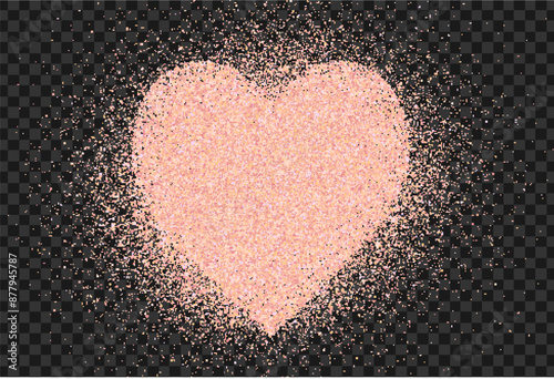 Pink salt or sugar powder, flying dust particles. Crystal of himalayan salt dust grain texture in the shape of heart. Crushed granules of sand or himalaya salt. Vector illustration of spilled powder.
