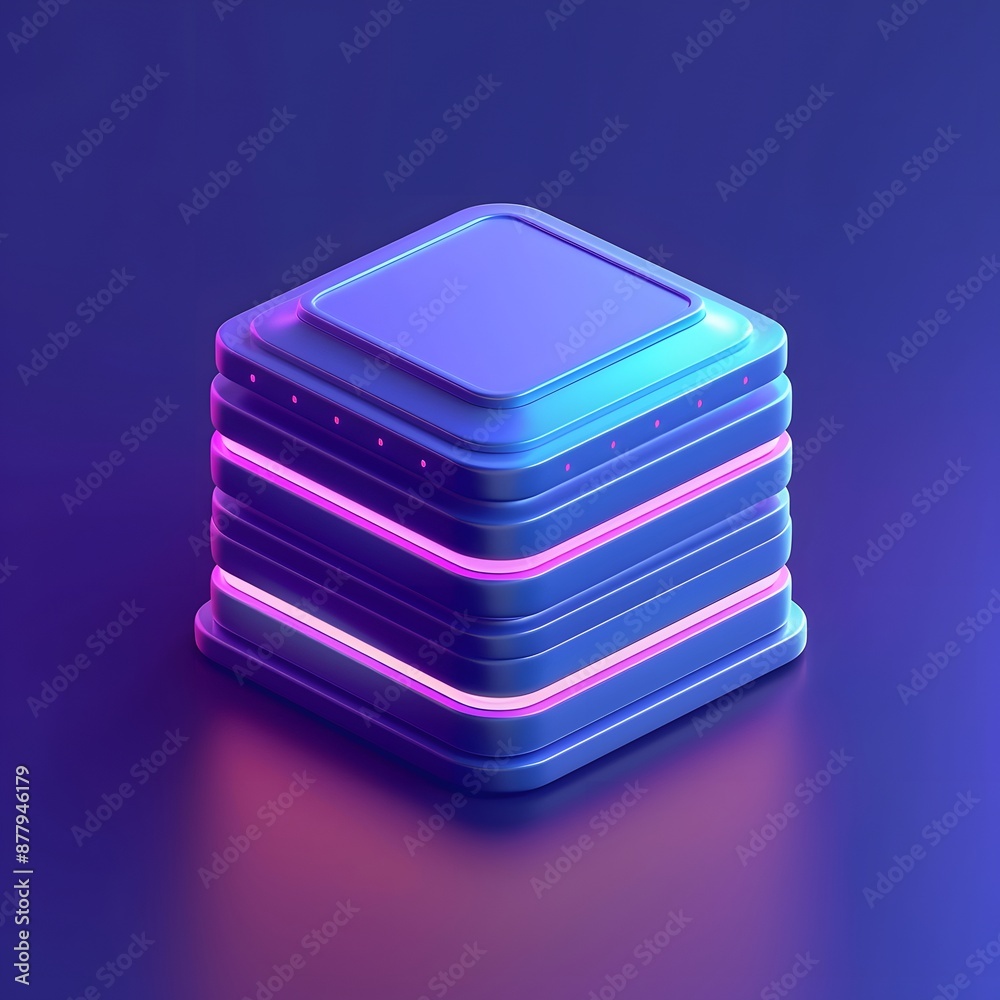 Futuristic glowing cube with neon lights in shades of blue and pink on a reflective surface. Futuristic glowing cube with neon lights in shades of blue and pink on a reflective surface.