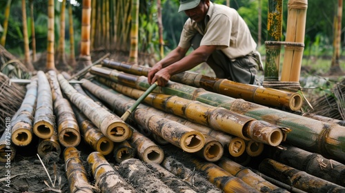 Worker Harvesting Bamboo Stalks photo