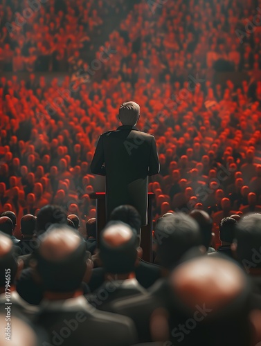 An authority figure stands on a podium, surrounded by a crowd.