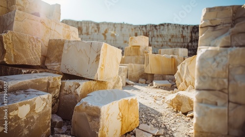 Sunlit Marble Blocks in Rocky Quarry Landscape