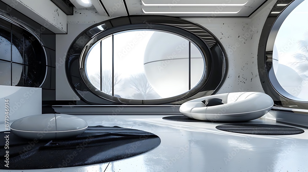 Futuristic Interior Design with Circular Window and White Sofa - 3D Illustration Futuristic Interior Design with Circular Window and White Sofa - 3D Illustration