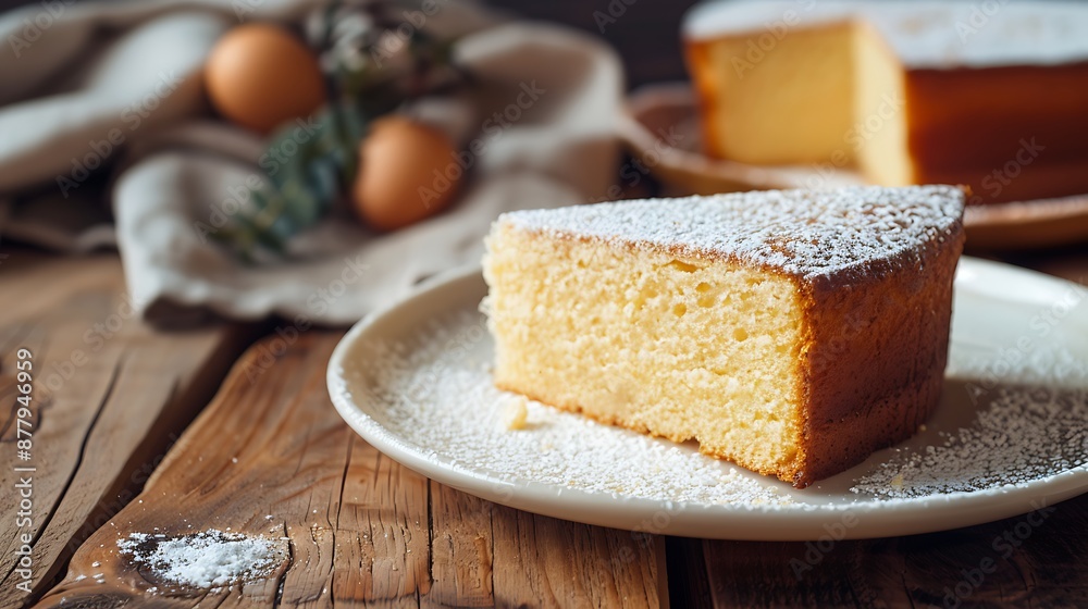 Castella delicious sliced sponge cake food on white plate over rustic wooden table close up Castella delicious sliced sponge cake food on white plate over rustic wooden table close up