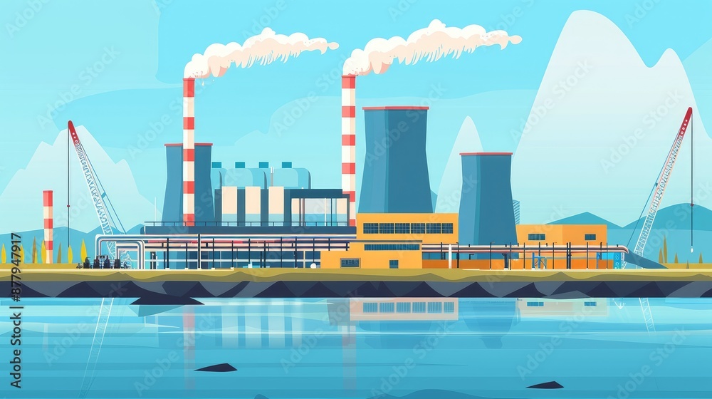 Obraz premium Industrial Power Plant by a Lake