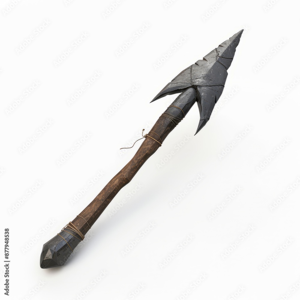 3D Render, Low Poly style of a Neolithic spear with sharpened flint tip, on isolated white background, Generative AI 3D Render, Low Poly style of a Neolithic spear with sharpened flint tip, on isolated white background, Generative AI
