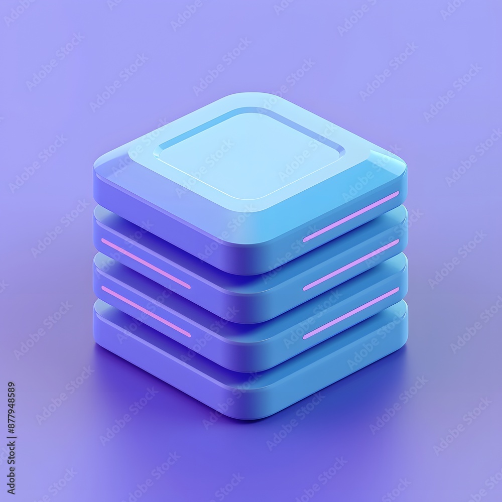 Modern 3D stack of technology icons in blue and purple gradient, representing cloud storage and data management aesthetics. Modern 3D stack of technology icons in blue and purple gradient, representing cloud storage and data management aesthetics.