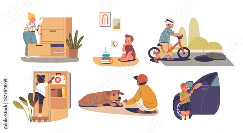 Children In Potentially Dangerous Situations Such As Playing With Outlets, Climbing Furniture, Riding A Bike